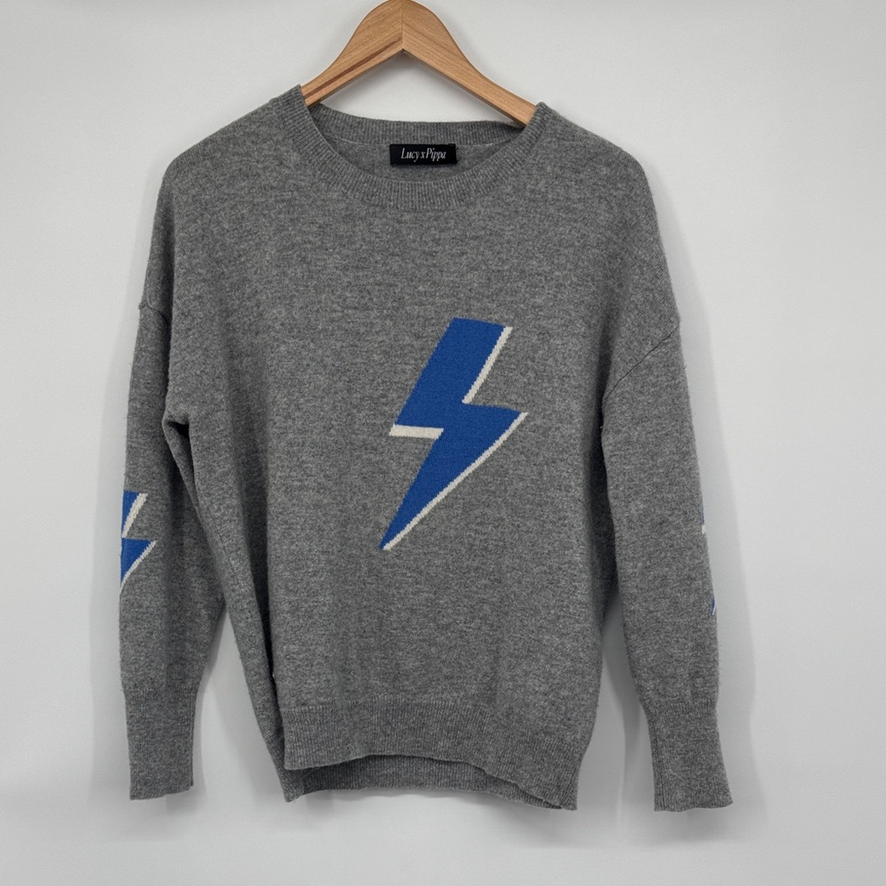 Lucy x Pippa S Gray Blue White Lightning Bolt Merino Wool Sweater‎ Crewneck